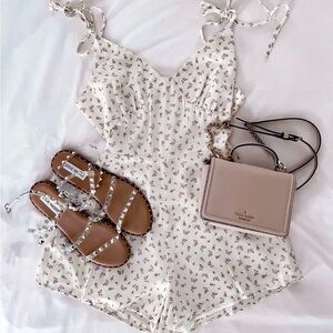 Floral White Romper with Sandals and Crossbody Bag